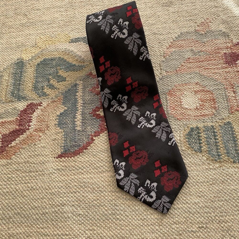 70s Black Floral Wide Tie Red Disco 4"